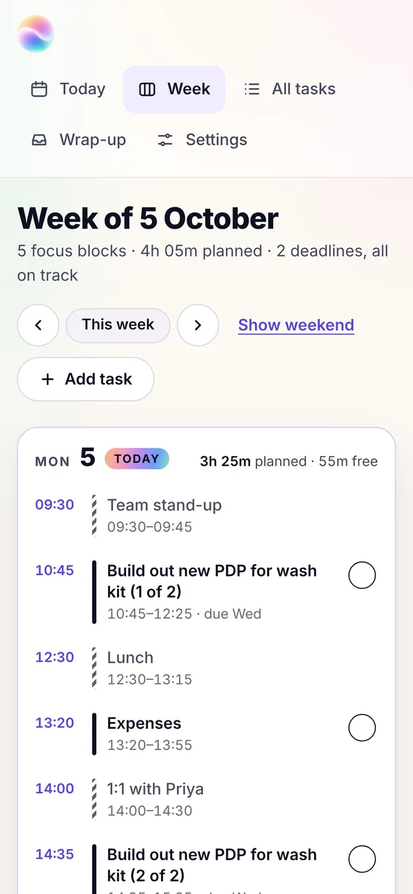 Mello on a phone: the week as a list, one day at a time, with a tick on each task